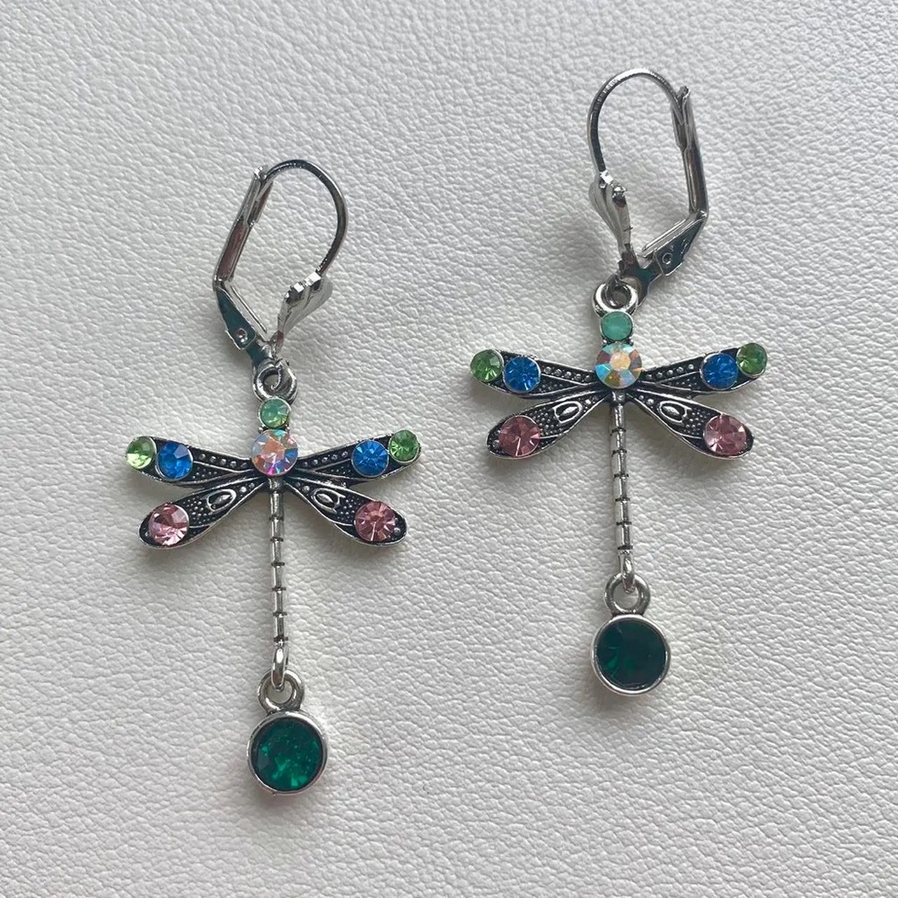 NWOT Silver/ Crystal Dragonfly Drop Earrings